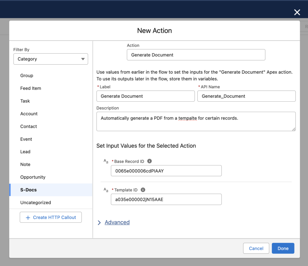 The Generate Document apex action in Salesforce flow builder.
